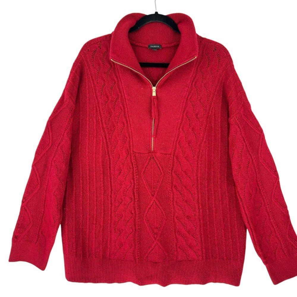 Talbots Red CABLE KNIT ZIP COLLAR SWEATER Sz XL Comfy